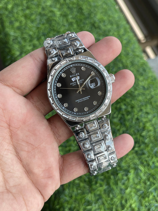 RC RLX Oyster Quartz Day-Date – Black Dial | Fully Diamond-Styled Edition