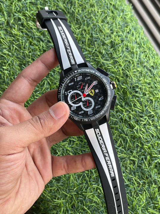 RC Ferrarii Sport Chronograph Style Watch – Black & White Racing Strap