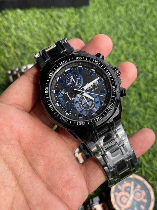 RC X Casiio Edific Black & Blue Dial Chronograph Watch – Black Metal Bracelet
