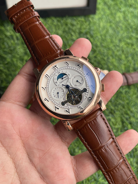 RC X Cartiier Automatic Open-Heart Arabic Dial – Rose Gold & Brown Leather