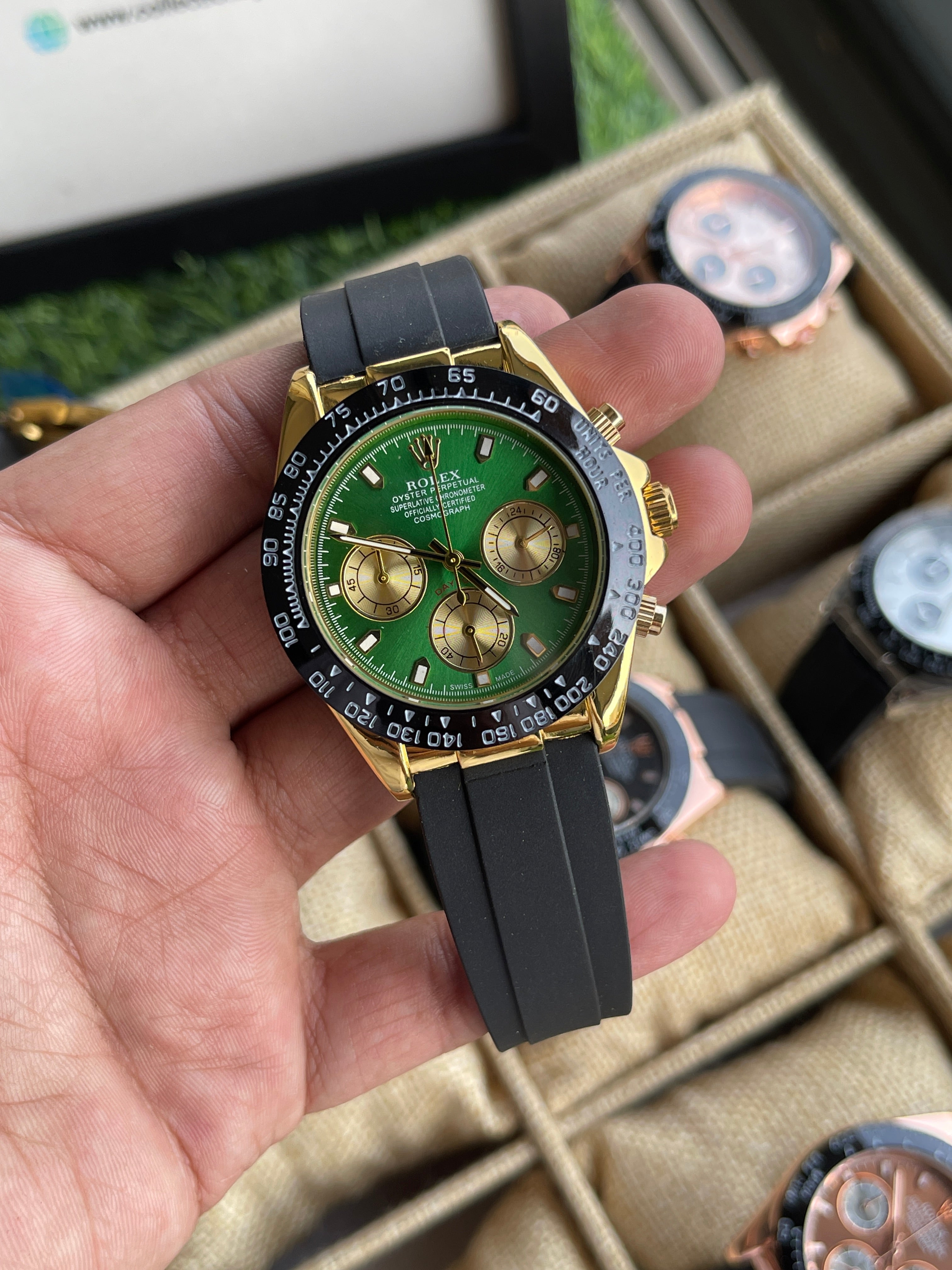 RC RLX Daytona – Gold Case, Green Dial (Quartz Model) – Rehan's Collection