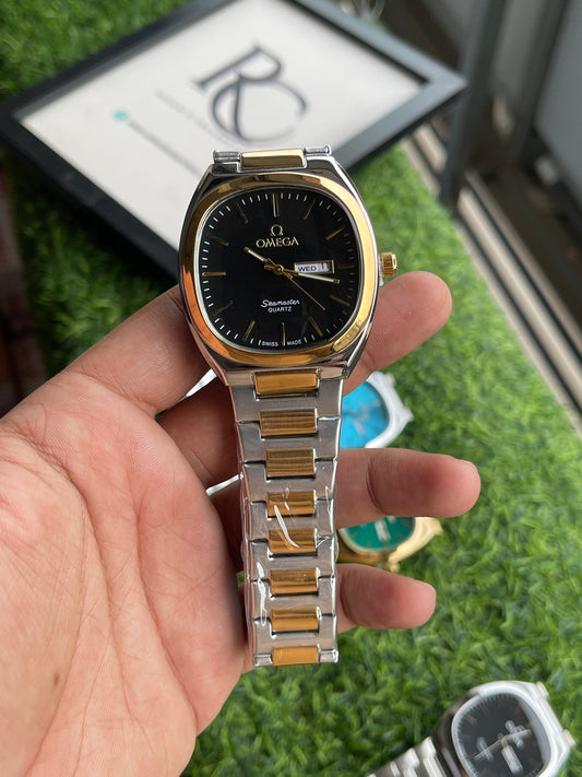 RC Omegaa Black Dial Two-Tone Quartz Watch (Gold & Silver Chain)