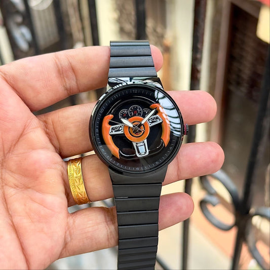 RC Ferrarii Racing Wheel Edition Blackout Watch – Black Stainless Steel Strap & Orange Accent Dial