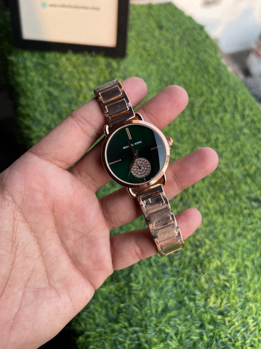 RC X MK Green Dial Rose Gold Bracelet Watch – Elegant Crystal Accent Edition