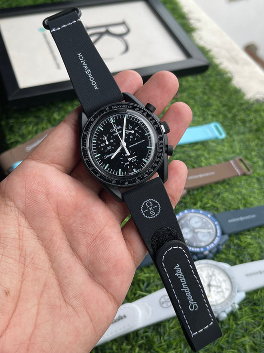 RC X MoonSwatch Speedmaster Phantom Black Edition Chronograph Watch – All Black Dial | Premium Silicone Strap
