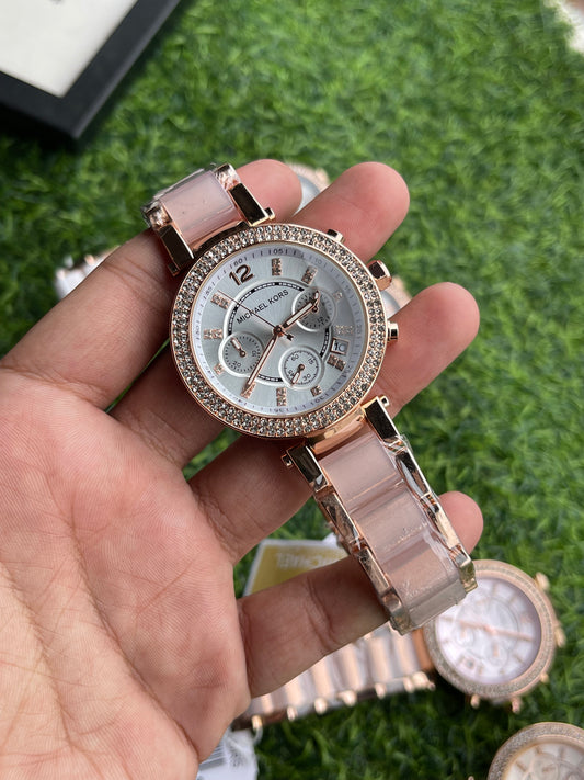 RC X Miichael Kors Chronograph Crystal Bezel – Rose Pink Strap & Silver Dial