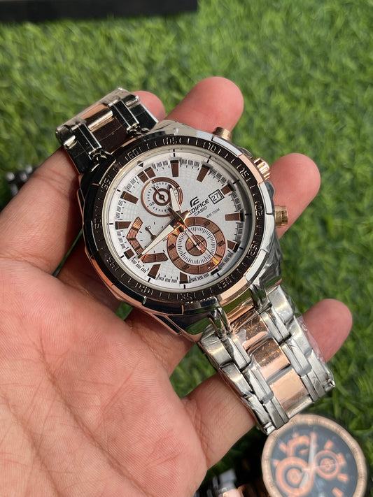 RC X Casiio Edific Silver & Rose Gold Dial Chronograph Watch – Two-Tone Metal Bracelet
