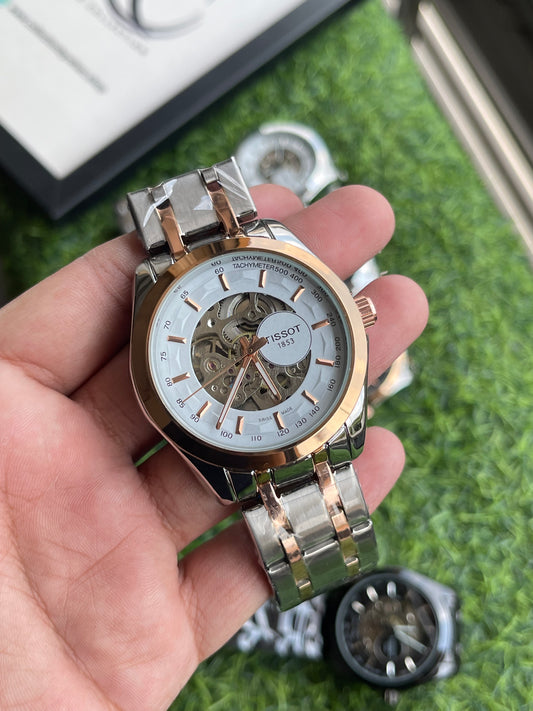 RC Tisst 1853 Automatic Skeleton Dial Tachymeter Premium Watch (2 ton copper-silver chain - White dial)