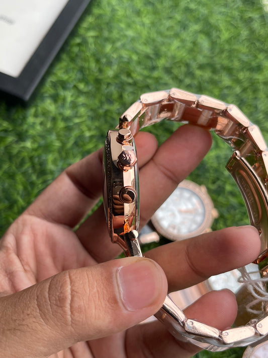 RC X Miichael Kors Chronograph Crystal Bezel – White Strap & Silver Dial