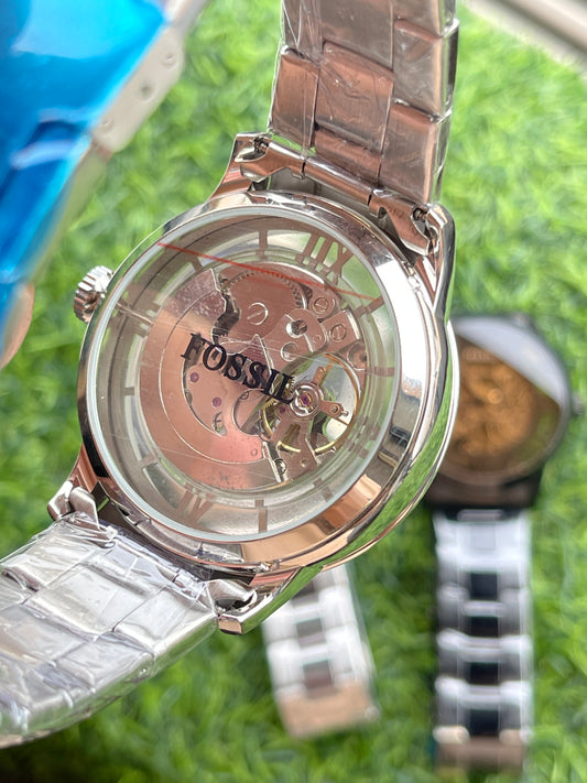 RC Fossiil Silver Townsman Skeleton Automatic Watch – Stainless Steel Chain (blue dial)