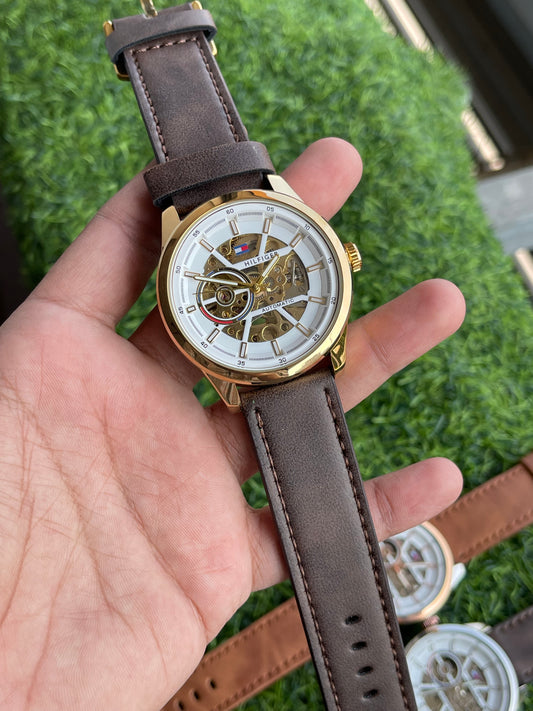 RC Tommy Luxury Automatic Skeleton Watch – Gold & Brown Edition