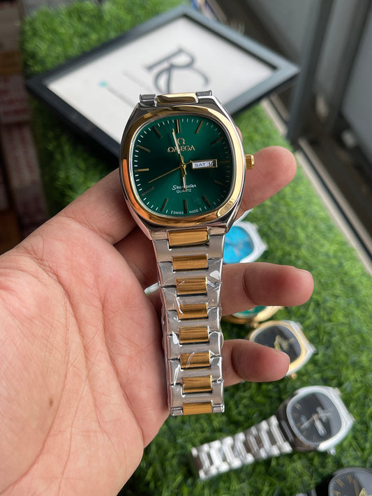 RC Omegaa Green Dial Two-Tone Quartz Watch with Day-Date (Gold & Silver Bracelet)