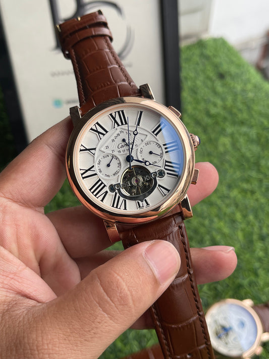 RC X Cartiier Automatic Open-Heart Roman Dial – Rose Gold & Brown Leather