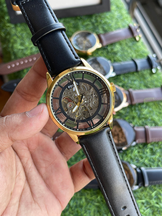 RC Fossiil Skeleton Automatic Watch – Gold Case with Black Leather Strap