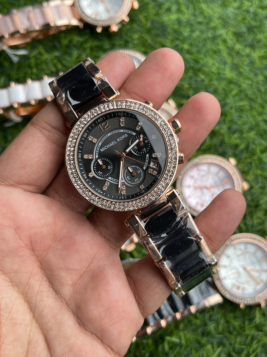 RC X Miichael Kors Chronograph Crystal Bezel – Black Strap & Black Dial