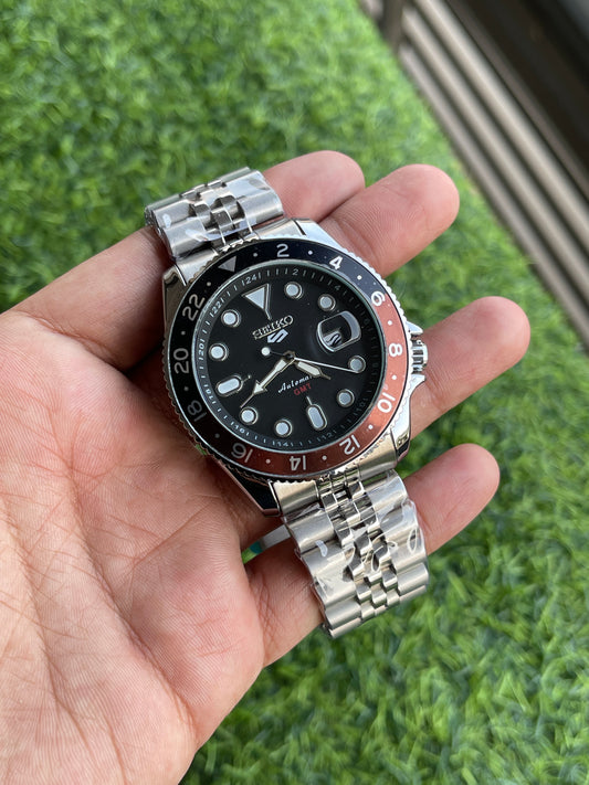 RC Seiiko Automatic GMT Watch – Stainless Steel (Black & Brown Bezel)