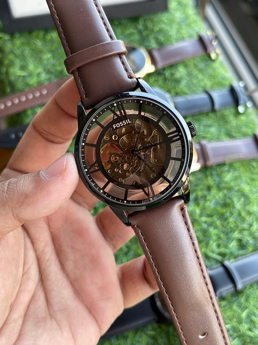 RC Fossiil Skeleton Automatic Watch – Black Case with Brown Leather Strap