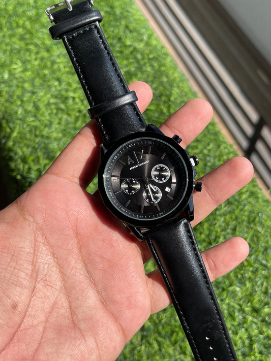 RC Armanii Exchange Black Dial Chronograph with Black Leather Strap