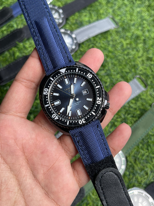 RC X Seiiko 5 Quartz – Blue Dial-Black case | Navy Blue Canvas Strap