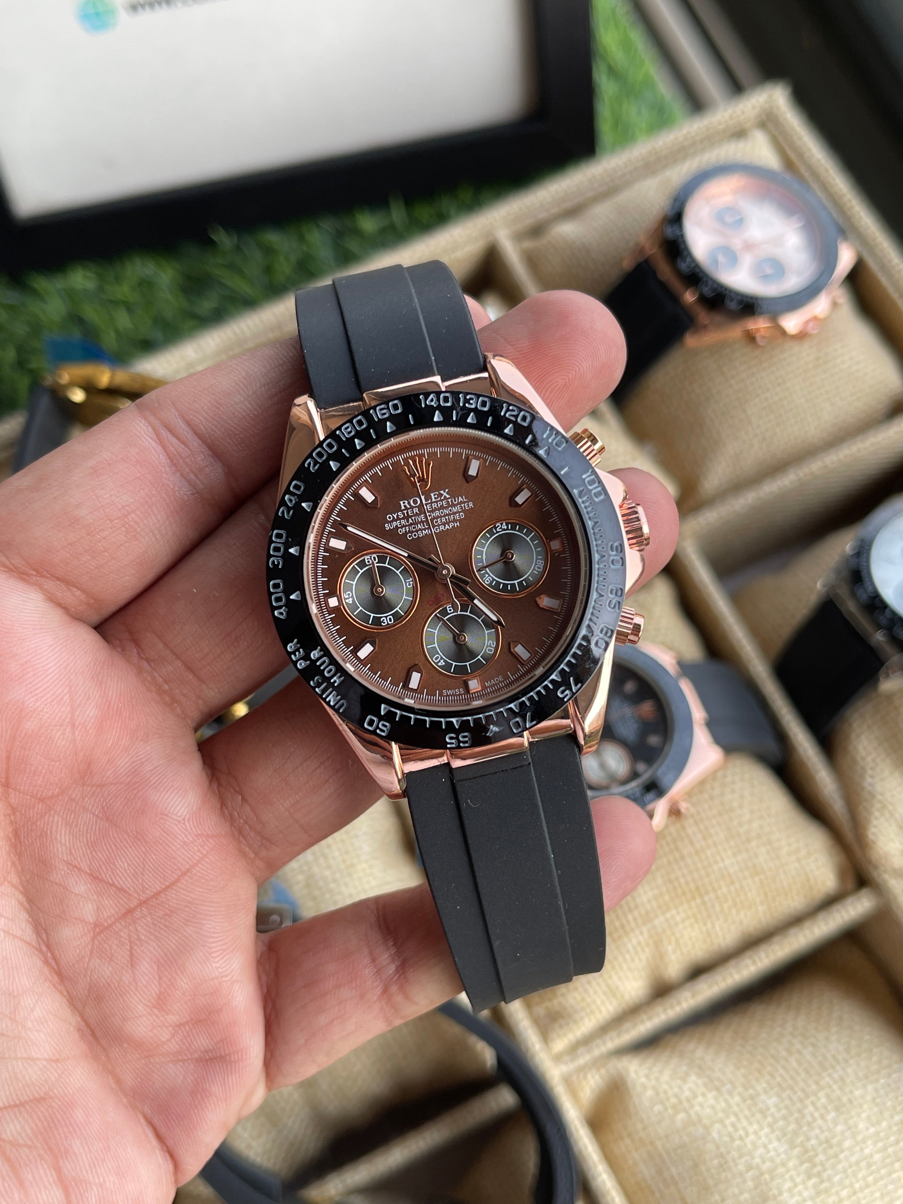 RC RLX Daytona – Rose Gold Case, Brown Dial (Quartz Model) – Rehan's ...