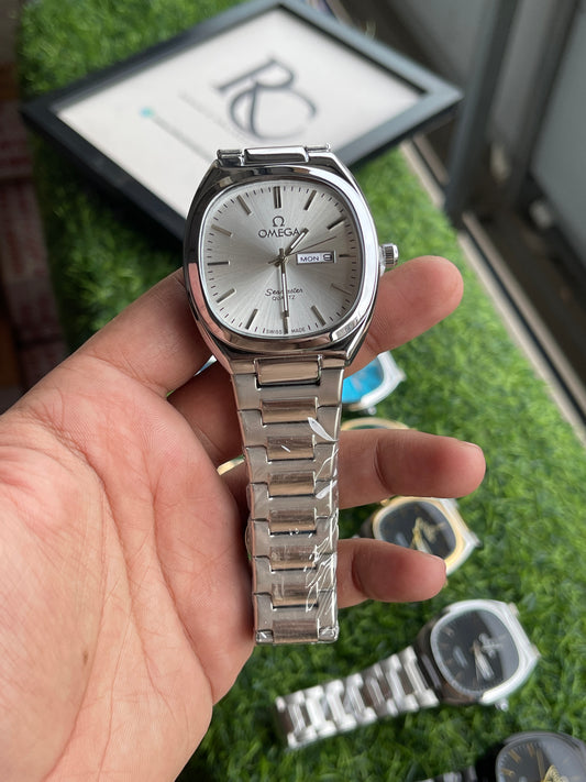RC Omegaa Silver Dial Quartz Watch with Silver Stainless Steel Chain