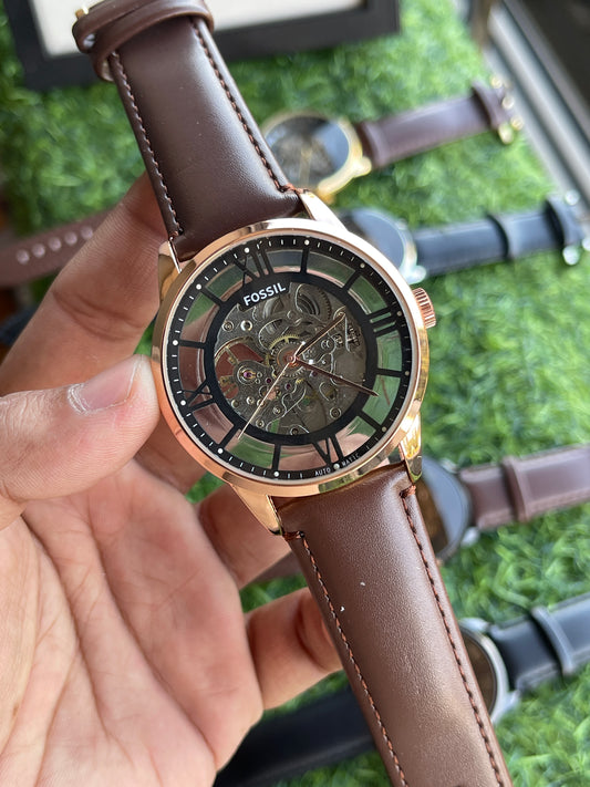 RC Fossiil Skeleton Automatic Watch – Rose Gold Case with Brown Leather Strap
