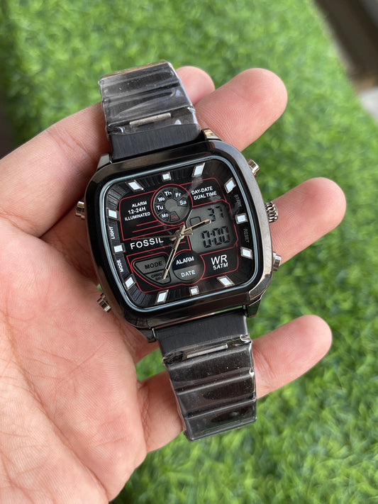 RC Fossiil Dual-Time Digital–Analog Watch – Black Edition