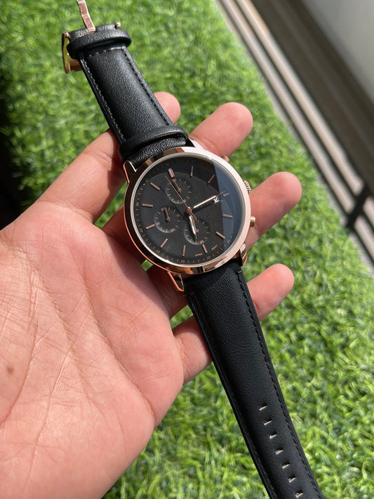 RC Fossiil Classic Chronograph – Black Dial | Rose Gold Case | Black Leather Strap