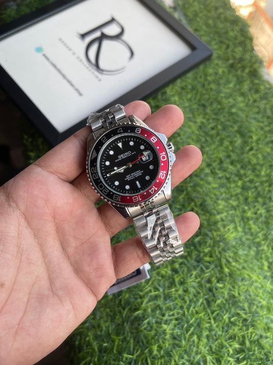 RC X Seiiko GMT-Master II Style Black Dial Black & Red Bezel – Silver Jubilee Bracelet