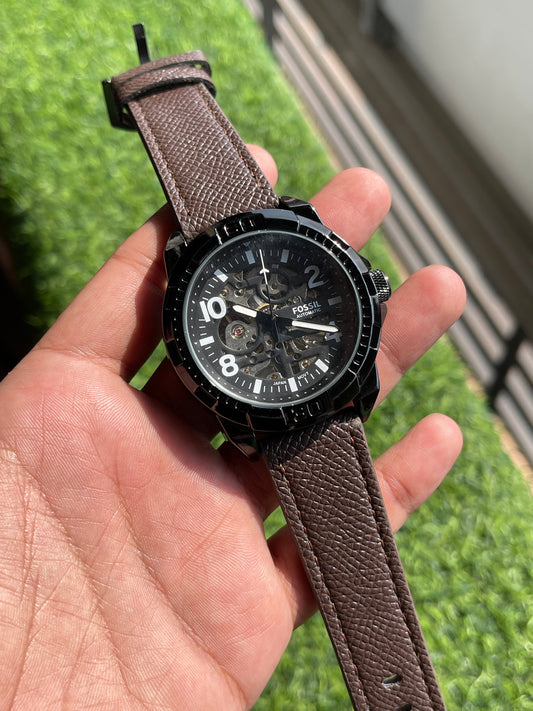 RC Fossiil Automatic Skeleton Dial Watch – Brown Textured Leather Strap