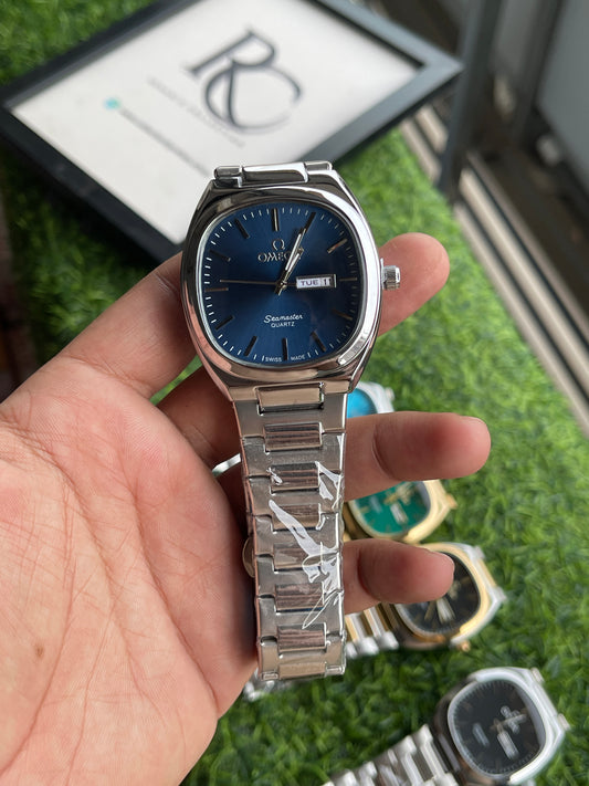 RC Omegaa Dark Blue Dial Quartz Watch with Silver Stainless Steel Chain