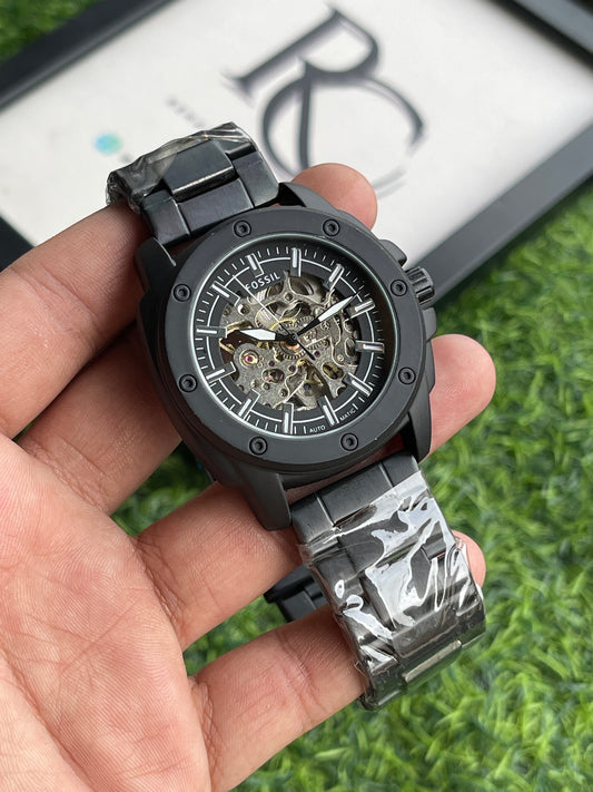 RC Fossiil Black Skeleton Automatic Watch with Black Metal Chain