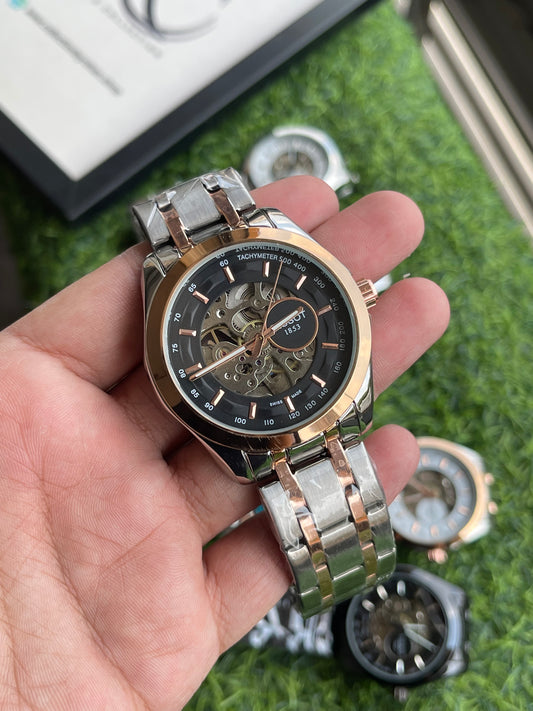 RC Tisst 1853 Automatic Skeleton Dial Tachymeter Premium Watch (2 ton copper-silver chain - Black dial)
