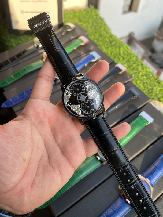 RC X Jaacob & Co. The World Is Yours Dual Time Zone Leather Strap Watch