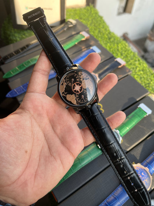 RC X Jaacob & Co. The World Is Yours Dual Time Zone Leather Strap Watch