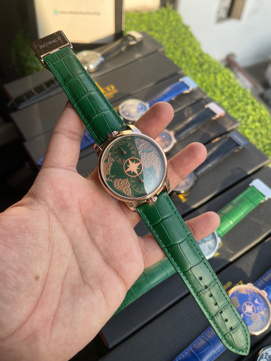 RC X Jaacob & Co. The World Is Yours Dual Time Zone Leather Strap Watch