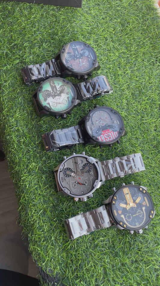 RC X Diiesel Mega Chief Black & Gold Edition Silver Chain Chronograph Watch
