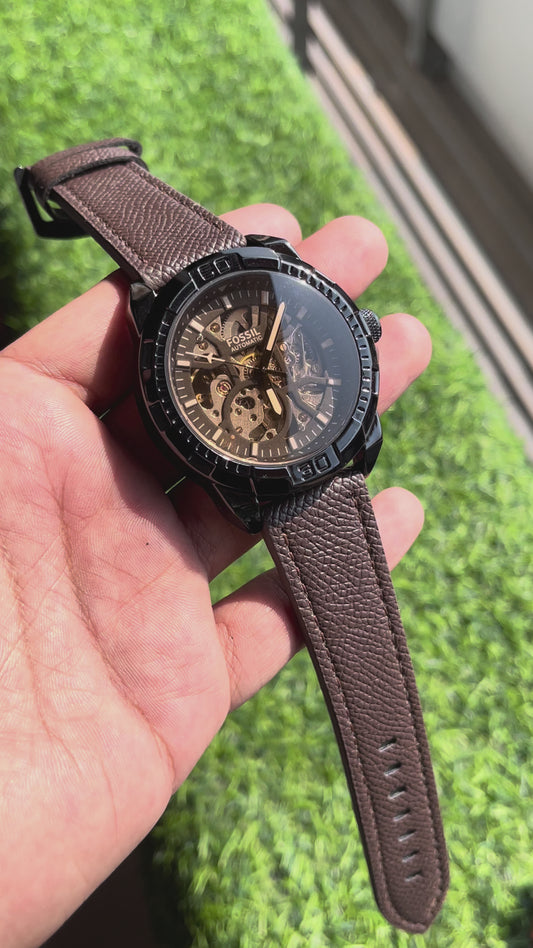 RC Fossiil Automatic Skeleton Watch – Matte Black Case with Vintage Brown Leather Strap