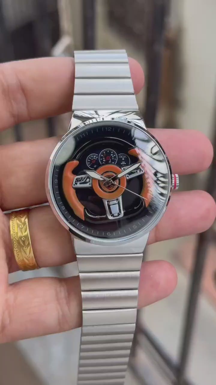 RC Ferrarii Racing Wheel Edition Stainless Steel Watch – Silver Strap & Black Dial