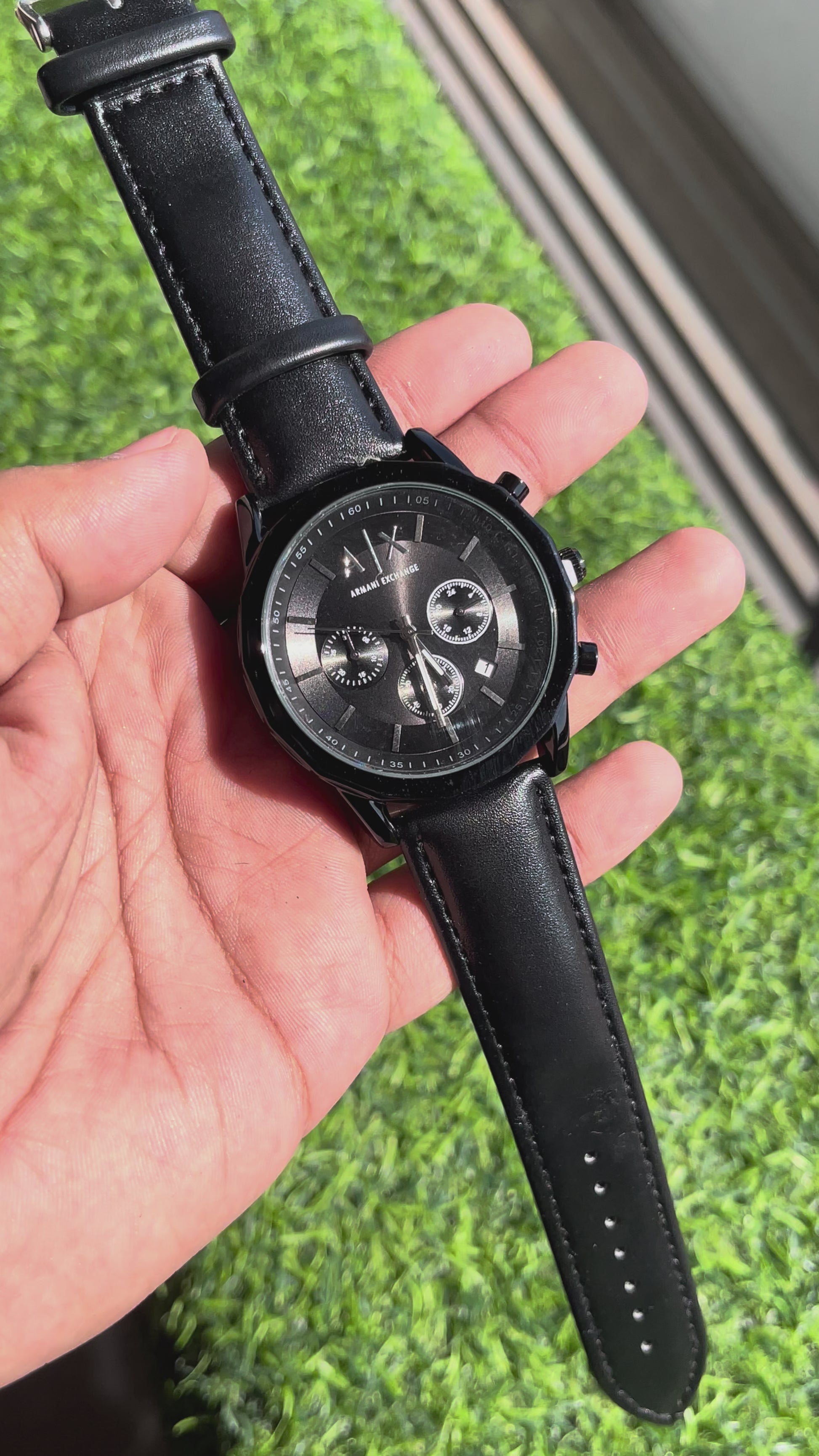 RC Armanii Exchange Black Dial Chronograph with Black Leather Strap