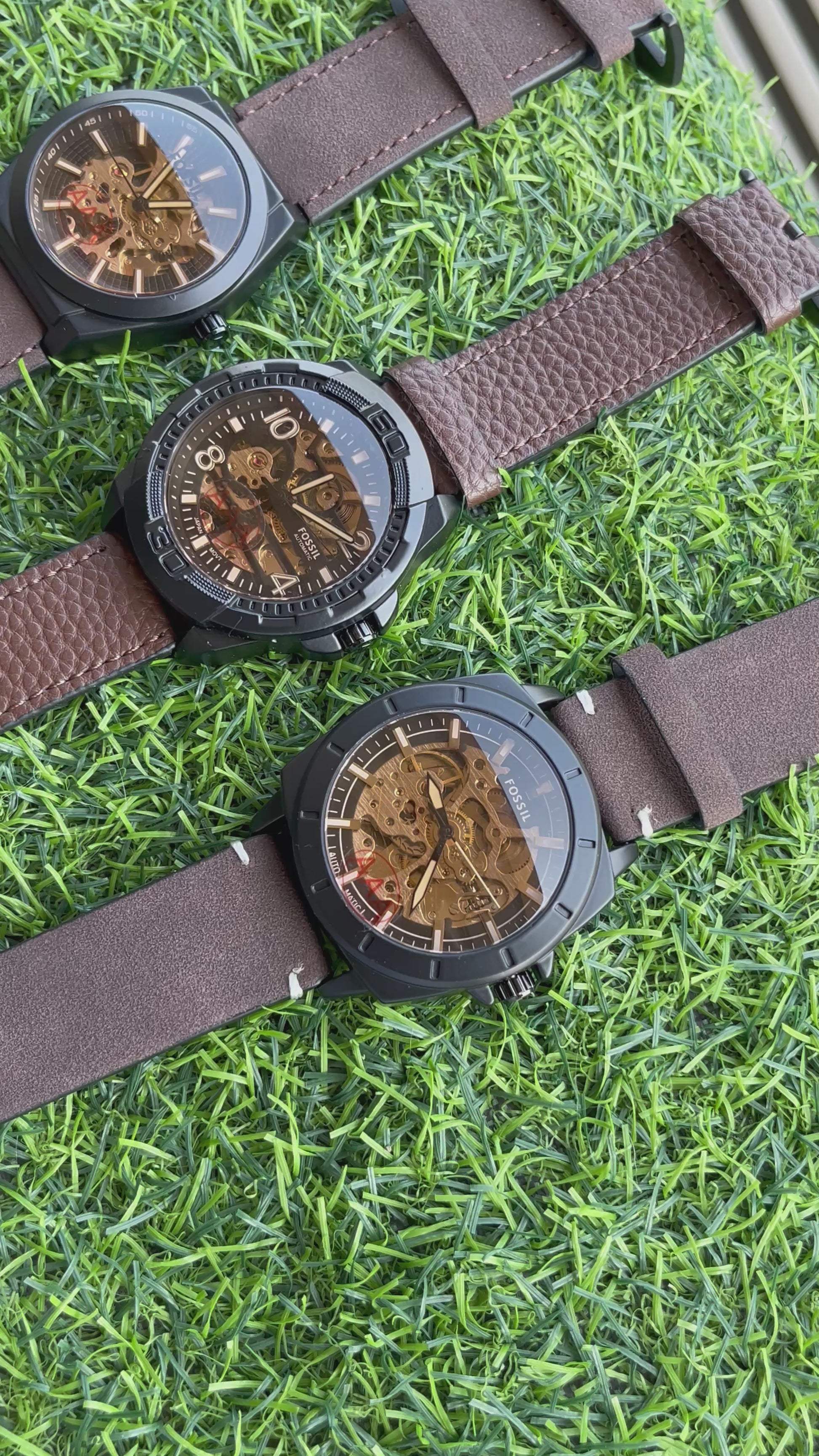RC Fossiil Automatic Skeleton Watch – Textured Brown Leather Strap