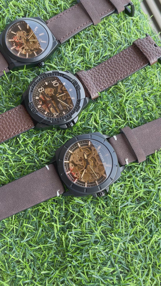 RC Fossiil Automatic Skeleton Watch – Brown Leather Strap