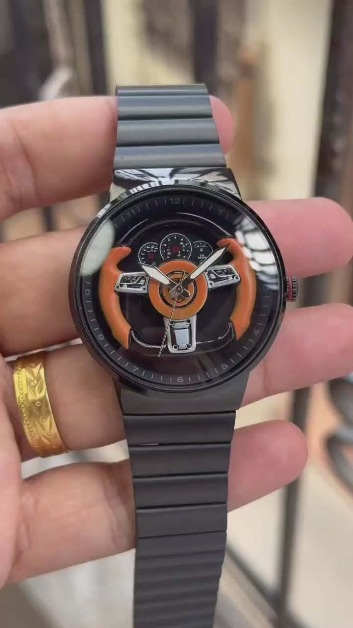 RC Ferrarii Racing Wheel Edition Blackout Watch – Black Stainless Steel Strap & Orange Accent Dial
