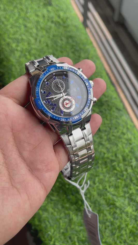 RC Casiio Edific Stainless Steel Watch with Blue Bezel
