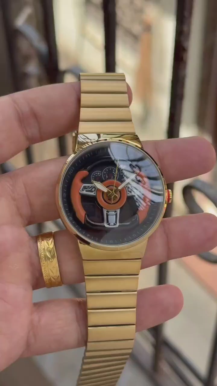 RC Ferrarii Racing Wheel Edition Gold Watch – Gold Stainless Steel Strap & Black Dial